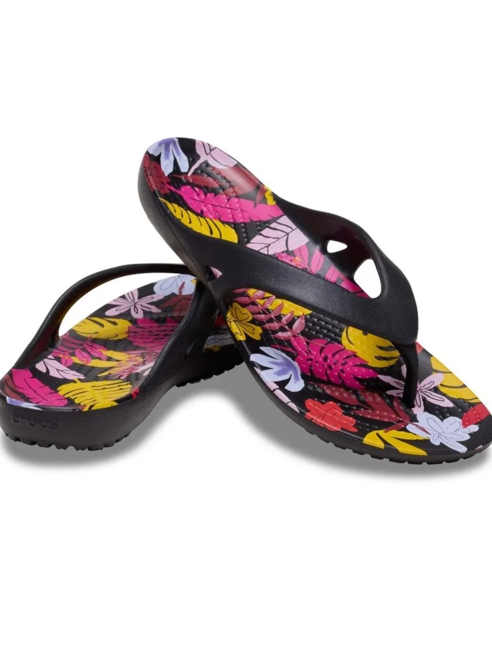 Women's Crocs Kadee Tropical Floral Print Black Flip Flop Sandals
